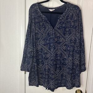 Lucky Brand Womens Cotton Blend Handkerchief Top Size 3X Blue Boho Peasant